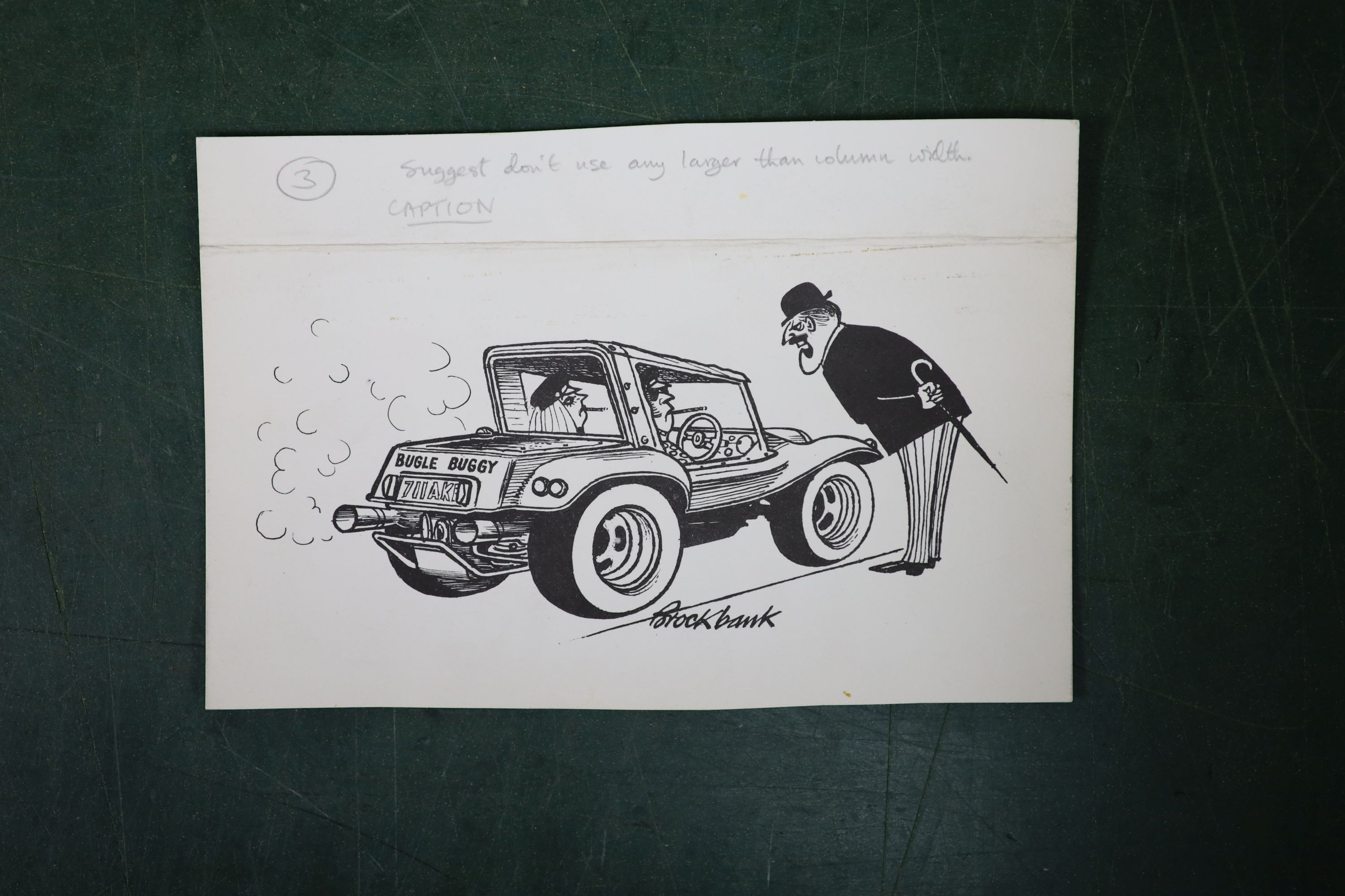 Russell Brockbank (1913-1979), original pen and ink cartoon, Bugle Buggy, signed, 14 x 20cm, unframed.